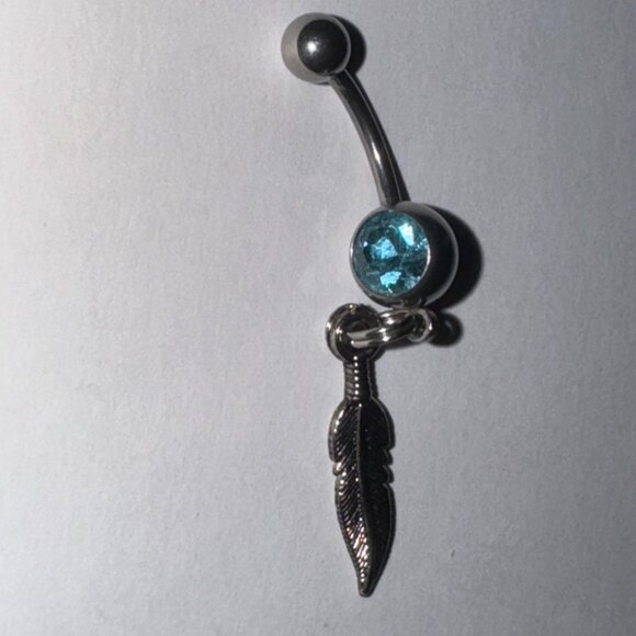Aqua Blue Gem Feather Dangle Belly Ring - Picture 2 of 9